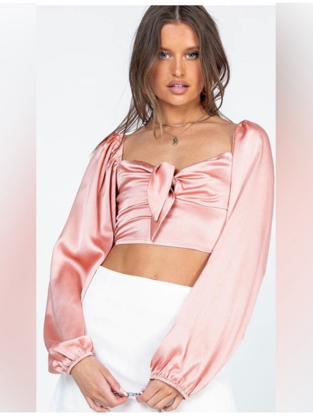 Princess Polly Rose Satin Tie-Front Long Sleeve Crop Top